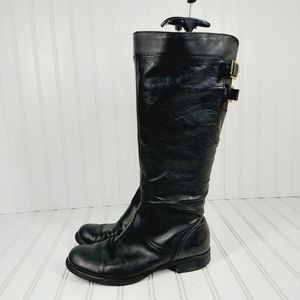 Guess Hanna Black Leather Buckle Calf Side Zip Tall Boots H114